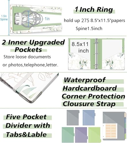 3 Ring 1 Inch Binder Organizer, KLLVE Three Ring Binders with Clipboard, 5 Pocket Divider with tabs, Folder, 18 Divider Stikers, Pen Loop (Leaves, Letter Size) - color: Leaves, size: 1in（Letter Size）