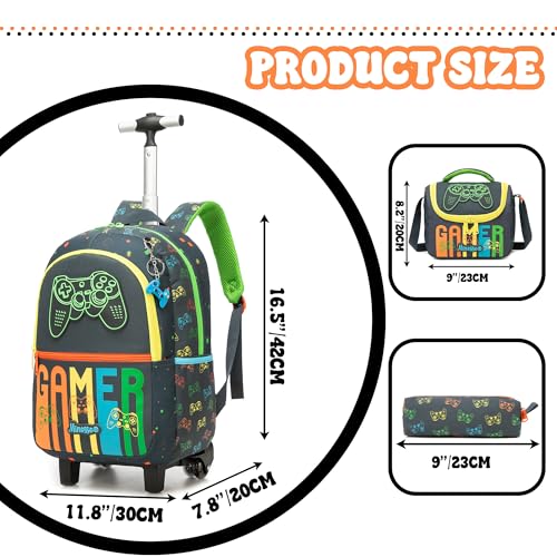 Kids Rolling Backpack for Boys 16.5" School Roller Backpack with Lunch Box, Toddler Backpacks with Wheels Rollig Wheeled Backpacks for Elementary School - color: Black Game