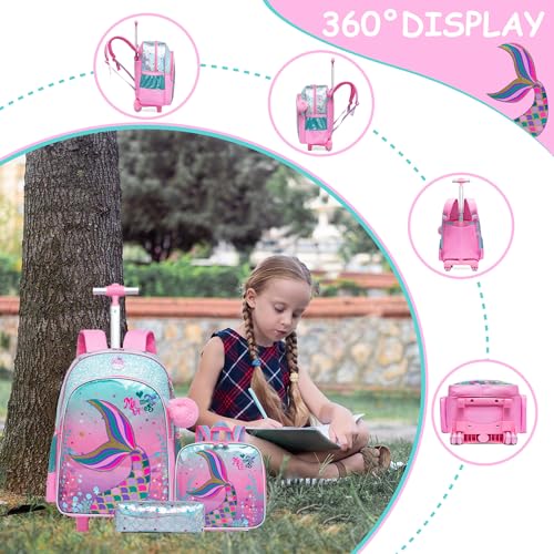 Meetbelify Cute Mermaid Rolling Backpack for Girls Backpacks with Wheels for Elementary Preschool Students with Lunch Box Pencil Case for Girls Age 8-10 - color: Green Mermaid