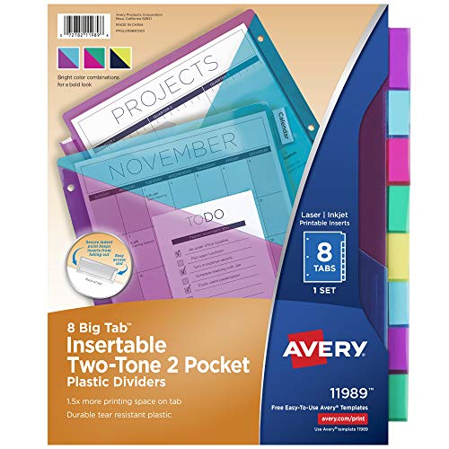 Avery Big Tab Insertable Plastic 2 Pocket Dividers for 3 Ring Binders, 8 Tab Set, Bright Two-Tone Multicolor, Works with Sheet Protectors, 1 Set (11989), Pack of 24 - style: Dividers