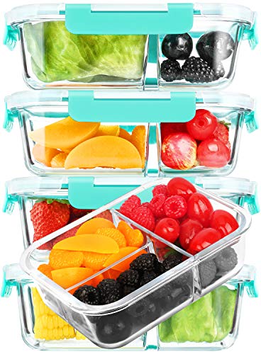 M MCIRCO [5-Pack, 36 oz] Glass Meal Prep Containers 3 Compartment with Lids, Glass Lunch Containers,Food Prep Lunch Box,Bento Box,Microwave, Oven, Freezer, Dishwasher (4.5 Cups, Green) - color: Green