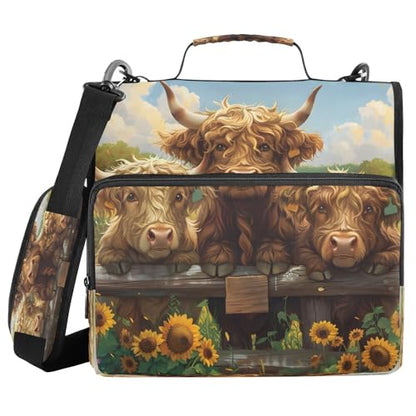 3 Ring Zipper Binder Sunflower Highland Cow Binders Bag with Shoulder Strap 500 Sheets Paper Organizer Trapper Keeper Documents Storage File Folder for School Office - color: A1190