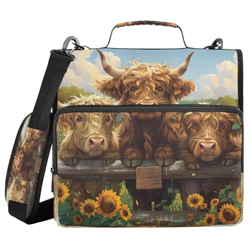 3 Ring Zipper Binder Sunflower Highland Cow Binders Bag with Shoulder Strap 500 Sheets Paper Organizer Trapper Keeper Documents Storage File Folder for School Office - color: A1190