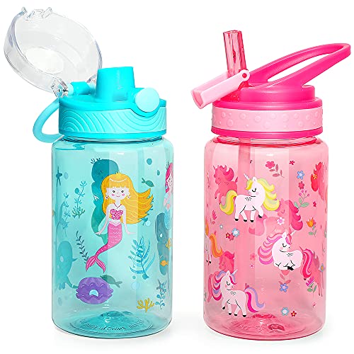 16oz Kids Water Drinking Bottle 2 Pack - Tritan BPA Free, Auto Flip Chug Lid, Sip Straw Lid, Carry Loop, Lightweight, Leak-Proof, Cute Design For Girls & Boys - Mermaid & Unicorn - color: Mermaid & Unicorn