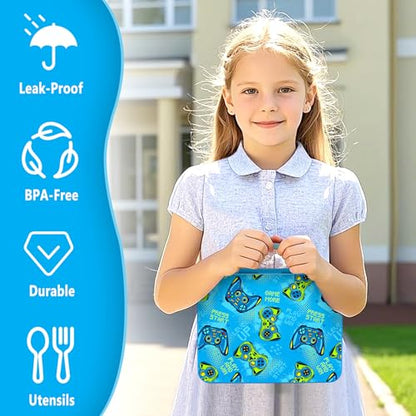 Chill Lunch Box Kids, Leak Proof Adult Bento Box with Ice Pack, 6 Compartment Lunch Container with Utensils for Girl Boy Back to School, 5.5-Cup Capacity, Dishwasher Safe, BPA Free - color: Blue-Game
