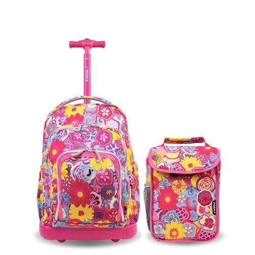 J World Lollipop Kids Rolling Backpack & Lunch Bag Set for Elementary School. Carry-On Suitcase with Wheels, Poppy Pansy - color: Poppy Pansy