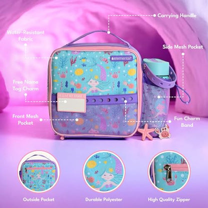 Elemental Insulated Lunch Bag for Kids, with Water Bottle Pocket & Charm Band, Fits Lunch Box, Lunch Bag for School to Keeps Food at Optimal Temperature, 3L - Mermaid - color: Purple