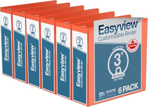 Easyview Premium 3-Ring Binders with Clear-View Covers and Round Rings, Binders for School or Office, 3 Inch, Pack of 6, Orange - color: Orange, size: 3 Inch, style: Pack of 6