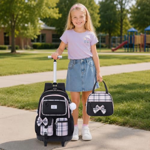 Bevalsa Rolling Backpack for Girls, Roller Backpack with Wheels, Cute Bow Wheeled School Bookbag Set with Lunch Bag & Pen Case, Suitcases for Kids Teens Elementary Middle Student (Black Pink) - color: Black Pink