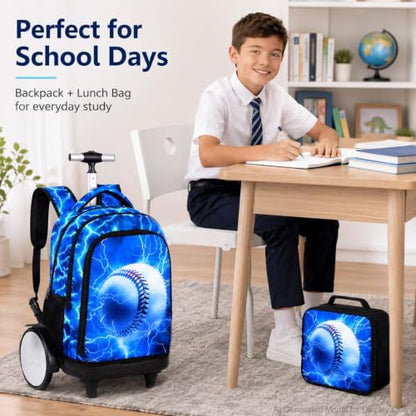 KLFVB Big Quiet-Glide Wheels Wheeled Backpack, 3-in-1 Rolling Bookbag Set with Lunch Bag | Water-Resistant Roller Bag for Boys, School, Travel, Play - Lightning Baseball - color: Big Wheels Rolling Backpack - Lightning Baseball