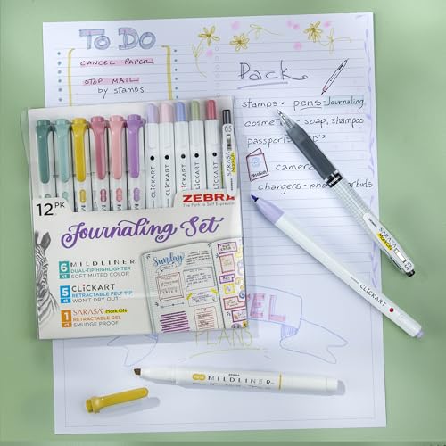 Journaling Kit: 6 Mildliner Highlighters + 5 ClickArt Markers + 1 Sarasa Mark-On Pen by Zebra Pen - style: Creative Journaling Set 10 Pack