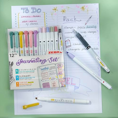 Journaling Kit: 6 Mildliner Highlighters + 5 ClickArt Markers + 1 Sarasa Mark-On Pen by Zebra Pen - style: Creative Journaling Set 10 Pack