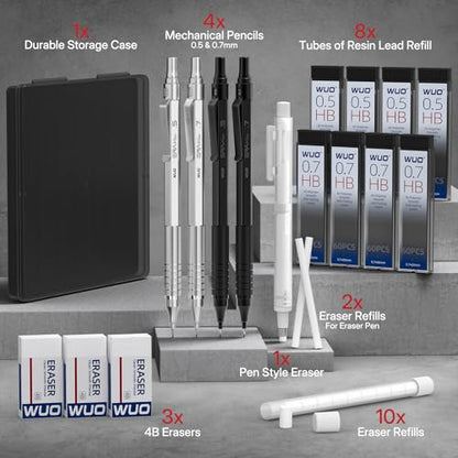 WUO Mechanical Pencils Set, 4-Pack 0.5mm & 0.7mm Metal Drafting Pencils with 480 HB Lead Refills, Precision Eraser Pen, 4B Erasers & Case for Writing, Drawing, Sketching & School, Silver&Black - color: Black+Sliver
