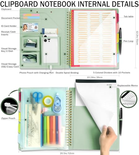 Sauge Foldable Spiral Clipboard Folio with Storage Zipper Pouch, 5 Plastic Folders with Pockets,Refillable Lined Notepad (8.5" x 11"), Hardcover Project Organizer with 36 Stickers - color: 1-sauge