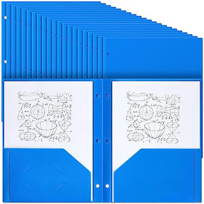Yeaqee 100 Pcs Plastic Folders with Pockets Bulk 3 Hole Punched 2 Pocket File Folders for 3 Ring Binder Divider Folder for Notebooks, Durable Poly for Office Home (Blue) - color: Blue