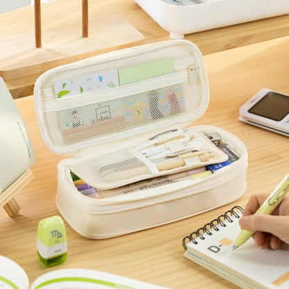 EASTHILL Big Capacity Pencil Case Large Pencil Pouch Stationery Pen Bag for Teen Girls-Cream - color: Cream