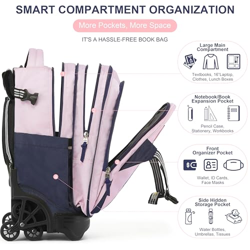 NEW TILAMI 18 Inch Expandable Rolling Backpack with 6-Wheel Stair Climbing, Waterproof Wheeled School Bag with 15.6" Laptop Sleeve for Boys Girls, Carry-on Luggage 98cm Dual-Height Handle - Pink - color: Pink
