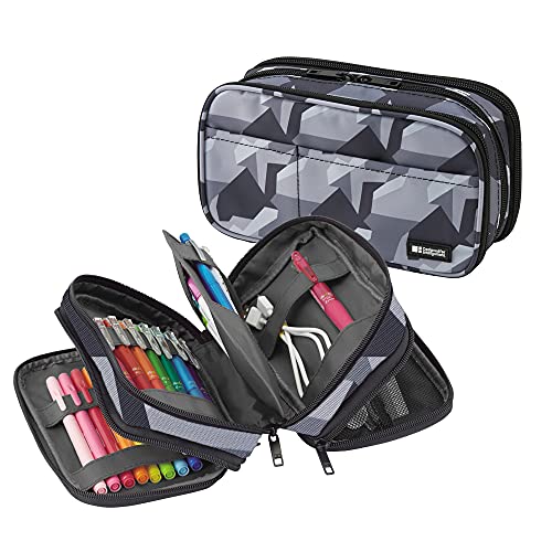 LIHITLAB Large Capacity Triple Zipper Pencil Case For School Office College, Big Capacity 8 Compartments Pencil Bag Holder Adults Teen Boys Girls, Travel Cosmetics Storage, Ice Gray Camo (A7556-135) - color: Gray Camo, size: 1 Count (Pack of 1), style: Tr