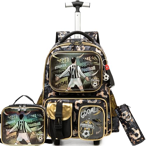Meetbelify Kids Rolling Backpack with Wheels for Boys Rolling Backpacks with Lunch Box for Elementary School Students 3 in 1 Football Travel Luggage Suitcase for Boys Age 8-10 - color: Boy 03