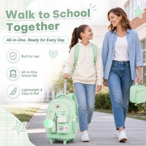 AGSDON Rolling Backpack for Girls, 21" Women Roller Wheels Bookbag, Laptop Wheeled Suitcase School Backpacks with Lunch Bag for Teens - color: Square Green