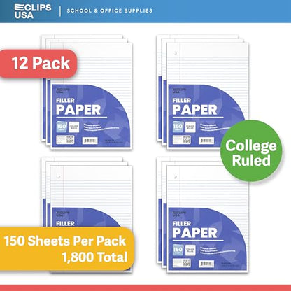 Loose Leaf Paper College Ruled Notebook Paper College Ruled Lined Writing Filler Paper 10.5” x 8” 1800 Sheets 150 Sheets Per Pack 60 gsm (12 Pack) - size: 12 Pack