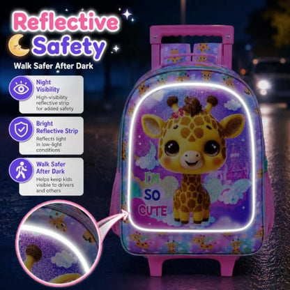 HPJGD 3PCS Giraffe Rolling Backpack for Girls, Kids School Backpacks with Wheels, Water Resistant UV Printed Roller Wheeled Bookbag Set - color: Glittering Priting Yellow Giraffe Rolling Backpack