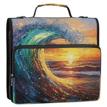 3 Ring Zipper Binder Sunset Ocean Wave Binders Bag with Shoulder Strap 500 Sheets Paper Organizer Trapper Keeper Documents Storage File Folder for School Office - color: A2841
