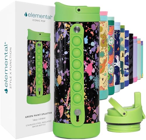 Elemental Iconic Kids Water Bottle with Straw Lid & Stress Relief Pop It Handle, Leak-Proof When Closed, Triple Insulated Kids Stainless Steel Water Bottle For Girls and Boys, 14oz -Green Splatter - color: Green Paint Splatter, size: 14 Ounces