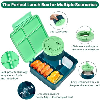 Bento Lunch Box for Kids with 8oz Soup Thermo,Kids Leakproof Lunch Food Containers with 4 Compartment,Kid Insulated Thermo Hot Food Jar for School,Trvael-Green - color: Green