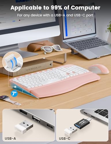 SABLUTE Wireless Keyboard and Mouse Combo with Ergonomic Wave Key | Leather Soft Palm Rest, 2.4G Full Size, 6-Button Mouse, 4-Level DPI, USB-A/C, MA12 Set for PC, Laptop, Windows, macOS (Pink） - color: Blush Pink
