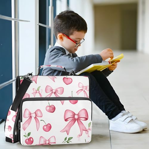 Pink Bow Cherry 3 Ring Zipper Binder Bag Binder Organizer with Handle Shoulder Strap for School Work Office Supplies - color: Pink Bow Cherry