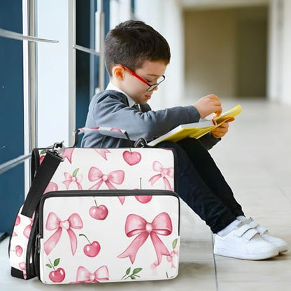 Pink Bow Cherry 3 Ring Zipper Binder Bag Binder Organizer with Handle Shoulder Strap for School Work Office Supplies - color: Pink Bow Cherry