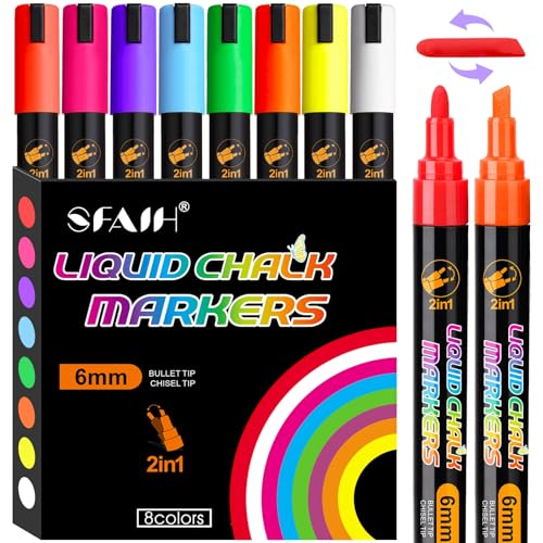 SFAIH 8 Vibrant Liquid Chalk Markers Erasable - Chalk Pens for Blackboard, Calendar, Windows, Glass, Bistro, Stores, Signs, Zero Dust, Non-Toxic, 4.5mm Reversible Tip, With Highlighter Color Markers - color: 8 Colors