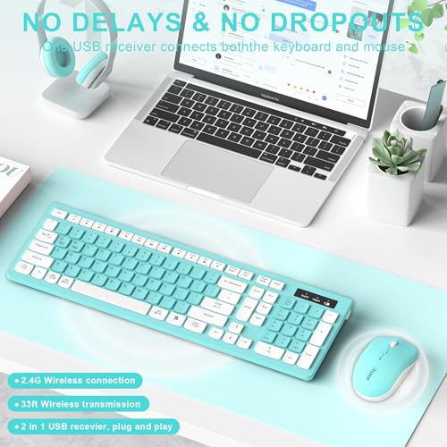 RECCAZR Wireless Keyboard and Mouse Combo, Full-Sized Keyboard and Adjustable DPI Mouse, 2.4GHz USB Receiver, Wireless for PC, Windows, Desktop, Laptop (Blue) - color: Tiffany Blue