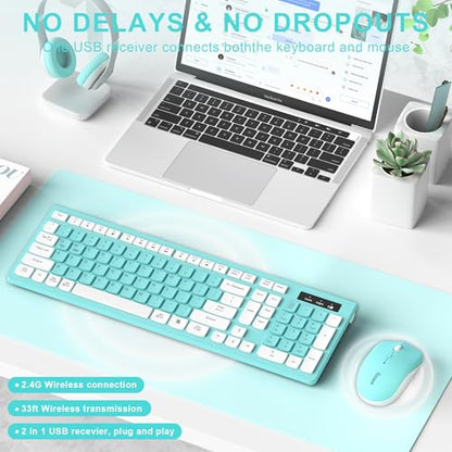 RECCAZR Wireless Keyboard and Mouse Combo, Full-Sized Keyboard and Adjustable DPI Mouse, 2.4GHz USB Receiver, Wireless for PC, Windows, Desktop, Laptop (Blue) - color: Tiffany Blue