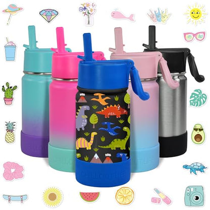 CHILLOUT LIFE 12oz Kids Insulated Stainless Steel Water Bottle with Leak Proof Straw Lid & 144 Stickers - color: Dinosaur, style: 12 oz