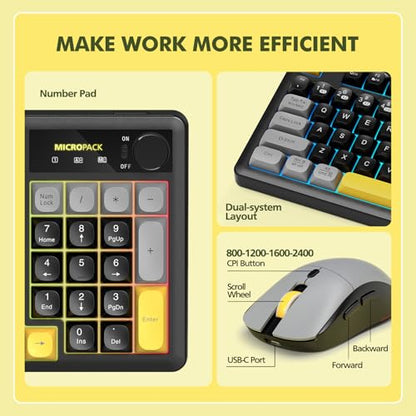 Wireless Keyboard and Mouse Combo Creamy with Number Pad for Desktop Mac iPad Bluetooth/2.4ghz/Wired Rechargeable Light up RGB Quiet Compatible with PC Laptop Tablet (Black) - color: Black