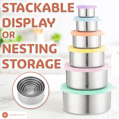 Everusely - Stainless Steel Containers with Lids - Set of 6, Bright Collection - Leakproof Stainless Steel Food Containers - Nesting Snack Holders - Metal Lunch Box - Portable & Reusable Meal Kit - color: Pack of 6