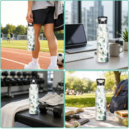 Eucalyptus Insulated Water Bottle with Straw 20 oz,Gold Foil Stainless Steel Leak Resistant Double Wall Water Bottles with Handle for Gym Sports Travel Outdoor - color: Eucalyptus,Gold Foil