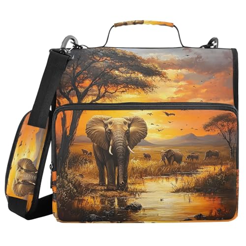 3 Ring Zipper Binder with Shoulder Strap Sunset Bird Elephant 2 Inch Zippered Binder Bag 500 Sheet Capacity Multi Pockets for School Supplies - color: Multi21
