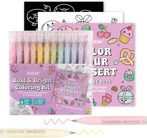 Grabie Coloring Kit, Acrylic Gel Pens Set with Coloring Book, 1.0mm Medium Tip Opaque Gel Pens for Adult Coloring Books, Drawing, Journaling, Planner, Art Supplies Gift Set of 12 Dessert Colors - color: Dessert Colors