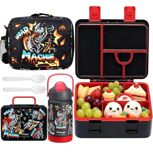 rockpapa Kids Lunch Box Set with 14oz Insulated Water Bottle & Lunch Bag, Leakproof 5.5 Cups Bento Box for School & Children, BPA-Free, Microwave Safe for Boys Girls (Black Dinosaur) - color: Black Dinosaur