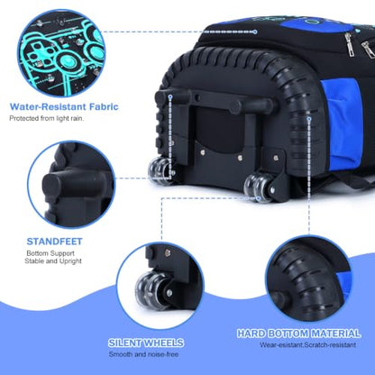 Bevalsa Rolling Backpack for Boys,Cool Luminous Gamer Roller School Backpacks with Lunch Box & Pencil Case,Kids Wheeled Schoolbag Bookbag with Wheels for Kindergarten Elementary School Travel - color: Blue Game