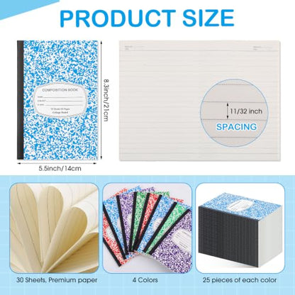 Fainne 100 Pack College Ruled Composition Notebooks A5,Colorful | 30 Sheets/60 Pages Marble Cover Composition Journals Bulk for Back to School Classroom High College School Supplies - color: Colorful