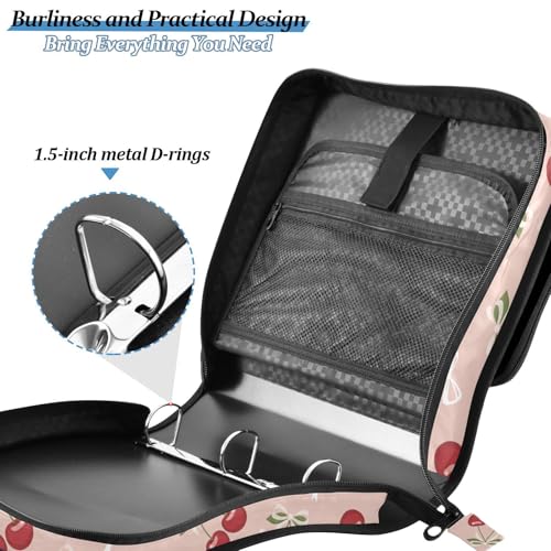 Cherries Bows Pink Pattern 3 Ring Zipper Binder with Shoulder Strap & Handle 1.5 Inch D-Ring Zippered Bag with Pencil Pouch, Expanding File Folder, Binder Organizer for School or Office - color: Cherries Bows Red Pink