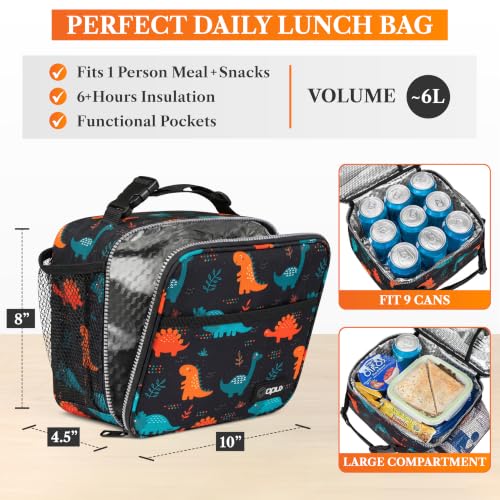 opux Insulated Lunch Bag for Kids, Reusable Lunch Box for School with Leakproof Lining, Compact Soft Cooler Tote for Boys & Girls, Front Pocket, Mesh Side Bottle Holder (Dinosaur) - color: Dinosaur