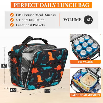 opux Insulated Lunch Bag for Kids, Reusable Lunch Box for School with Leakproof Lining, Compact Soft Cooler Tote for Boys & Girls, Front Pocket, Mesh Side Bottle Holder (Dinosaur) - color: Dinosaur