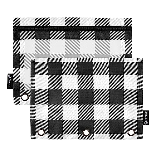 Fisyme White and Black Buffalo Plaid Pencil Pouch for 3 Ring Binder Pencil Case Pencil Bag Zipper Pouch with Clear Window for Office Supply 2 Pack - color: Multi-19