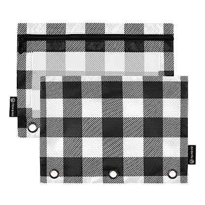 Fisyme White and Black Buffalo Plaid Pencil Pouch for 3 Ring Binder Pencil Case Pencil Bag Zipper Pouch with Clear Window for Office Supply 2 Pack - color: Multi-19