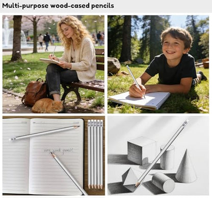 Adhere 25pcs Woodcase Pencils with Eraser Premium Pre-Sharpened Hexagon Graphite 2B pencils ideal for home, office writing including a Free Sharpener (Silver・25pcs) - color: Silver・25pcs